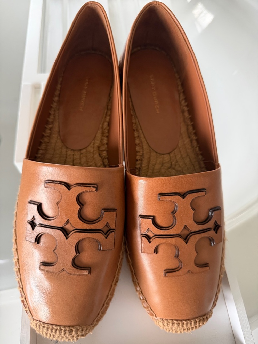 Tory Burch Tan Leather Logo Espadrille Flats
